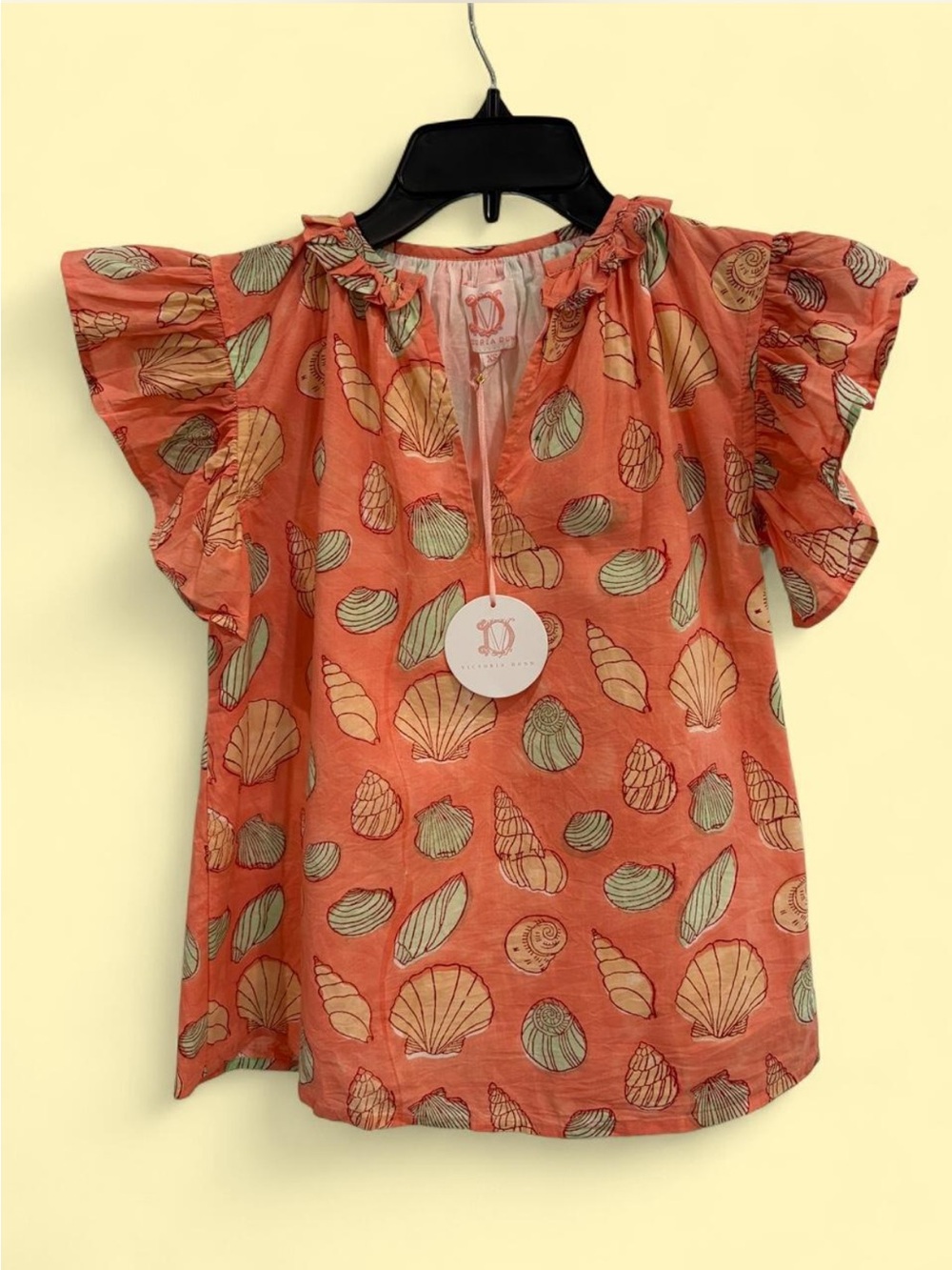 NWT Victoria Dunn Seashell Print Ruffle Sleeve Boho Resort Blouse XS